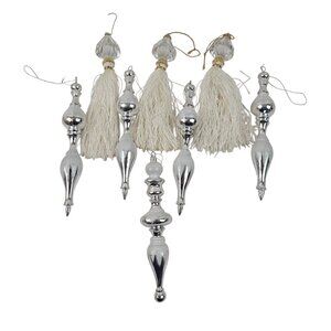 Vintage Ornaments 5 Silver Finial Plastic And 3 Clear Acrylic With White Tassel
